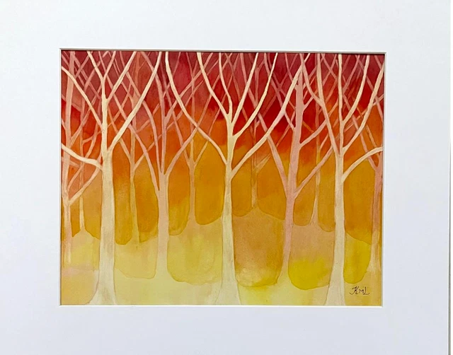 Painting Watercolor Original Art Autumn Trees Orange Yellow Red 11X14 Mat 16X20