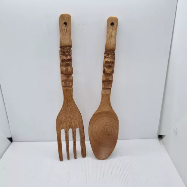 Tiki Wooden Carved Salad Set Folk & Spoon Retro Wall Art Home Decor Pre-Owned