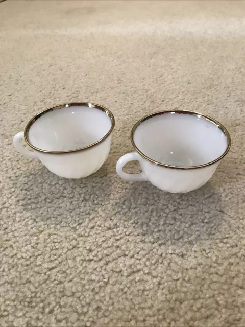 Vtg Fire King Ovenware white & gold rim tea cups, lot of 2