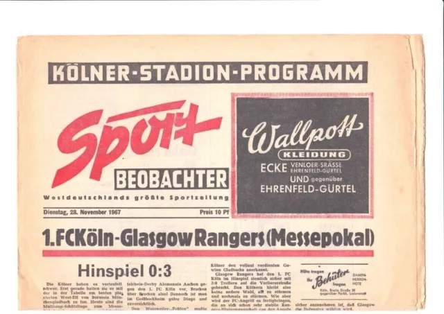 1967/68 Cologne  v Glasgow Rangers Fairs Cup -