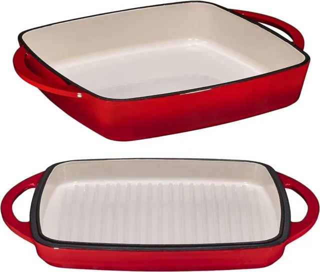 2-in-1 Square Enameled Cast Iron Dutch Oven Baking Pan and Gridle Lid with