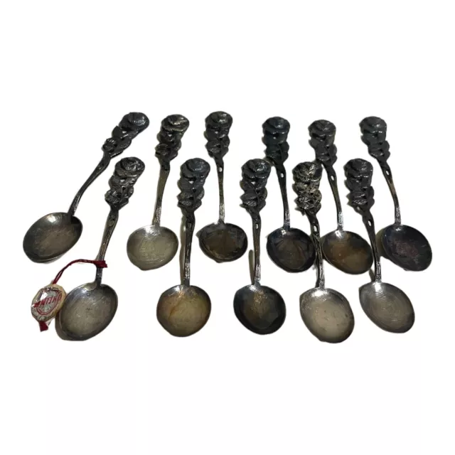 Vintage Antiko 100 Silver Bon-Bon Coffee Spoon Rose Handle 11 Piece Set Germany