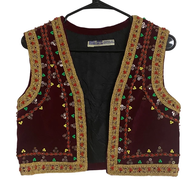 Polish Folk Vest Burgundy Velvet Beaded Sequined Traditional Festival Gold Trim
