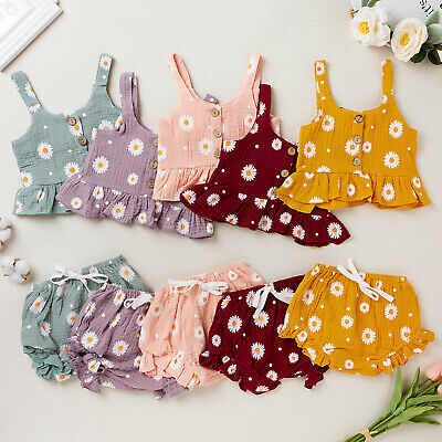 Summer Toddler Baby Girls Ruffles Floral Printed Suspenders Tops+Shorts Outfits