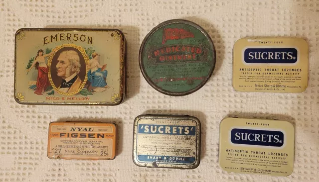 Vintage Advertising Tins Boxes and Bottles Lot of 6 Sucrets & Others