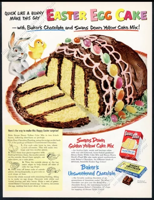 1953 Gay Easter Egg Cake photo & recipe Swans Down cake mix vintage print ad