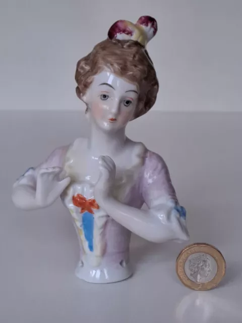 Large Vintage Porcelain Pin Cushion Lady Half Doll Pin Doll, 5.25" High, Perfect