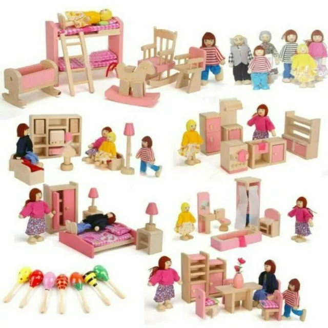 Wooden Furniture Dolls House Set Room Family People Miniature Toys Kids Gifts UK