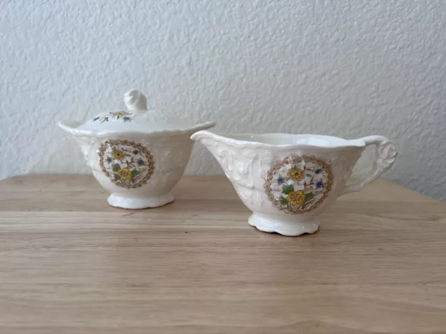 Pope Gosser Steubenville Rose Point Creamer & Sugar Bowl Yellow Blue Flowers