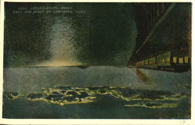 Postcard Moonlight On Great Salt Lake Ogden-Lucin Cutoff UT Utah