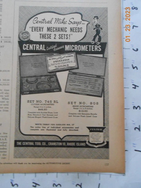 1947 Central Tool CO Cranston Rhode Island RI AD auto mechanic micrometer set