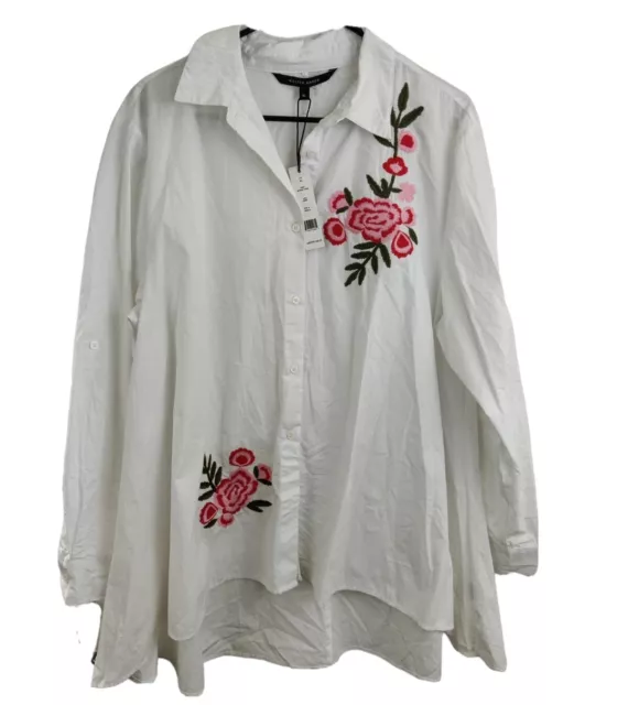 WALTER BAKER Myron Tunic Top Shirt White button Up Embroidered Roses Sz XL