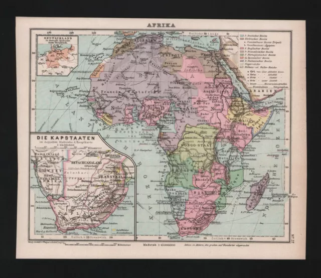 Landkarte map 1910: Afrika. Die Kapstaaten Kongo Südafrika Togo