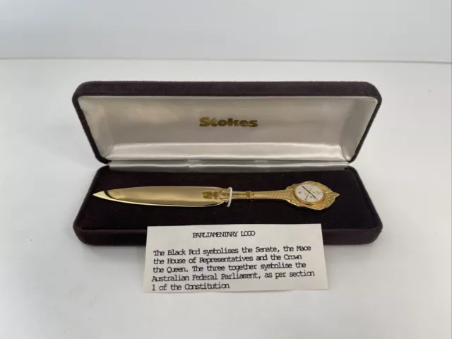 VINTAGE Boxed Australian Parliament Crest Brass Letter Opener - Made by Stokes