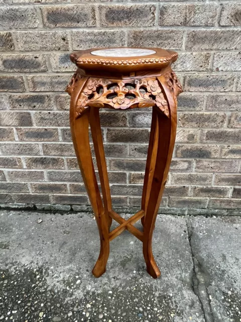 Large Vintage Marble Top Plant Stand Antique? Floral Carved Solid Bead Edge.