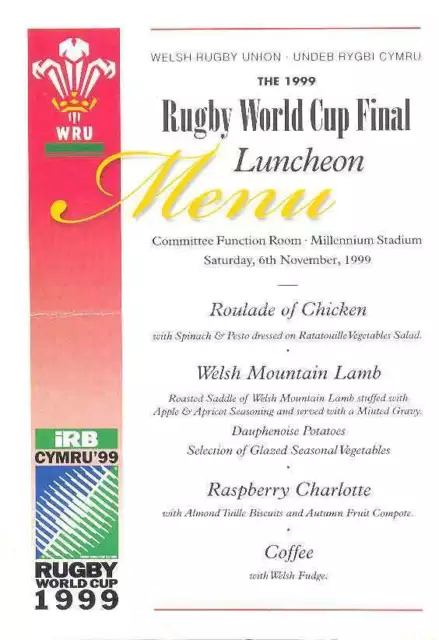 RWC AUSTRALIA v FRANCE FINAL RUGBY LUNCHEON MENU CARD 6 Nov 1999, CARDIFF