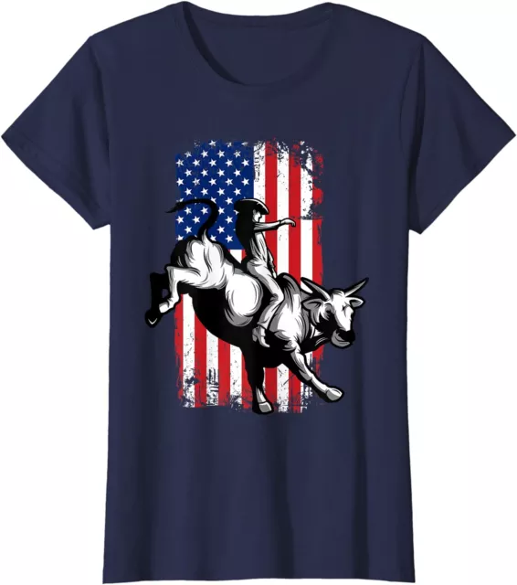 Rodeo Bull Rider Patriotic American USA Flag Gift Ladies' Crewneck T-Shirt