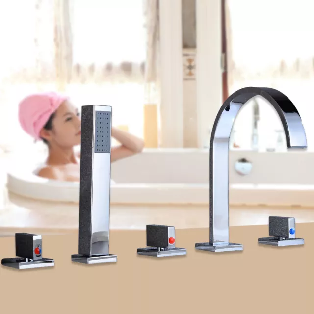 Bathroom 5-Hole Chrome Sink Bath Filler Tap & Hand Held Shower Mixer Taps Faucet
