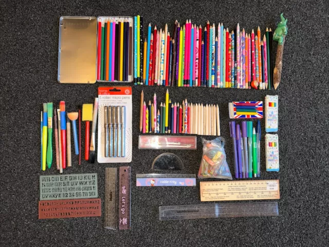 Job Lot Of Pencils Rulers Pens Paint Brushes Crayons Chalk