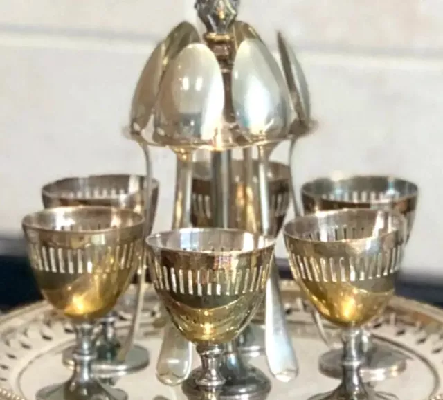 Antique Silver Plated Egg Cup Cruet Set for 6 with spoons on presentation tray