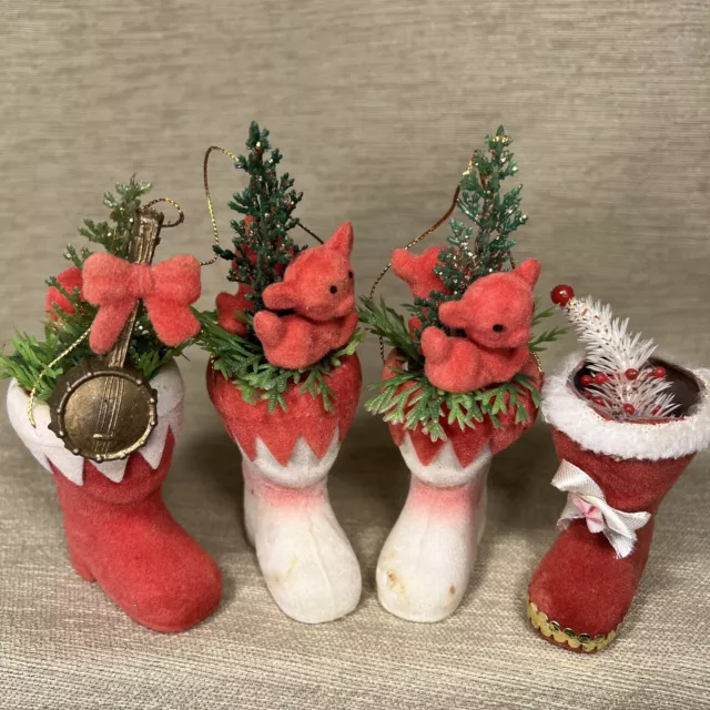 Vintage Christmas Flocked Boot / Stocking Ornaments Filled With Mini Decorations