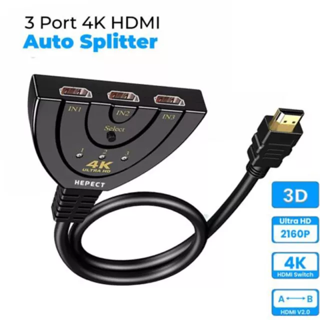 4K HD 3 Voie Commutateur HDMI Boîte Séparateur HDTV 1080P Auto 3 Port En 1 Câb *