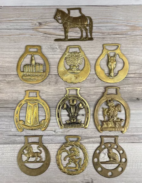 Lot of 10 Cast Brass Metal Horse Medallions UK English Equestrian Horse Badges