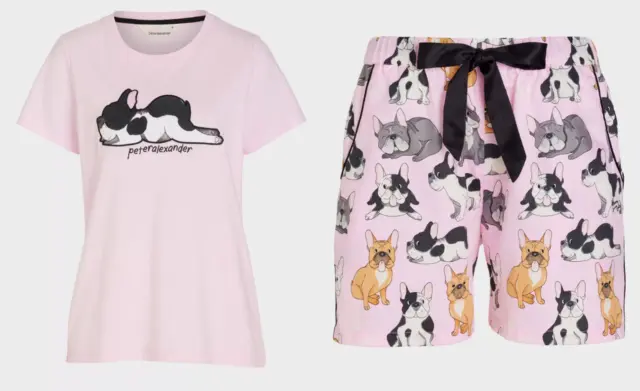 New Peter Alexander Womens Frenchie Dog Tee Top + Shorts Pj Set M $109.90 Pink