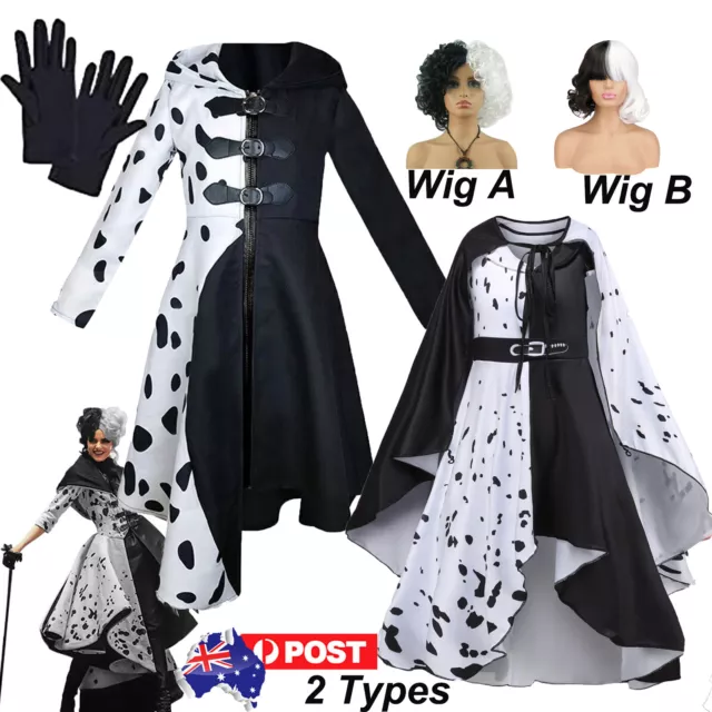 Kids Girls Cruella de Vil Costume Fancy Dress Curly Wig Halloween Cosplay Outfit