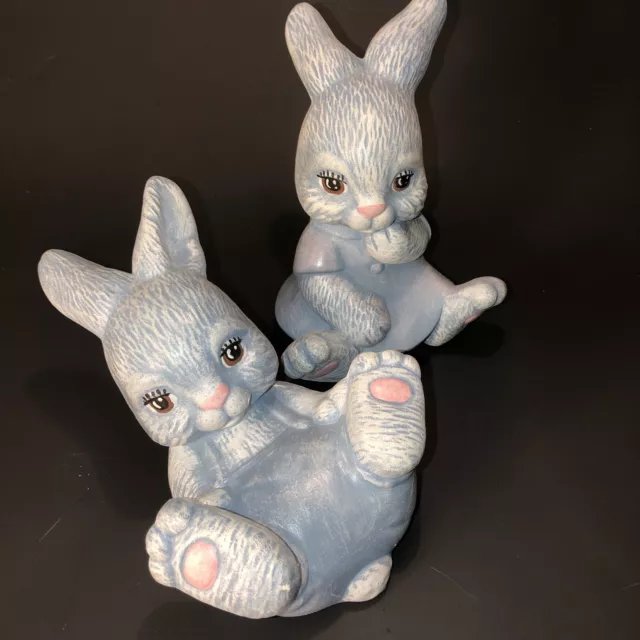 Pair Of Vintage Hand Painted Boy/Girl Blue Rabbit/Bunny Ceramic Figurines Easter