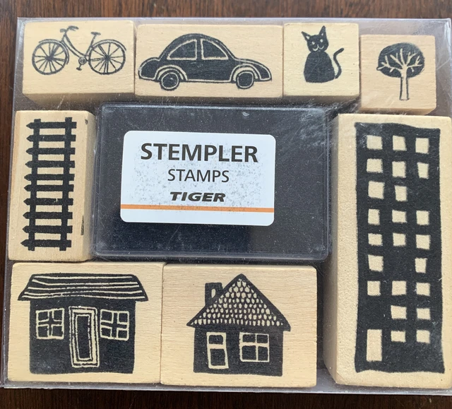 HOLZ TINTENSTEMPEL SET x8 schwarz Tintenpad AUTO KATZENHAUS BAUM FAHRRAD Blockdruck Basteln