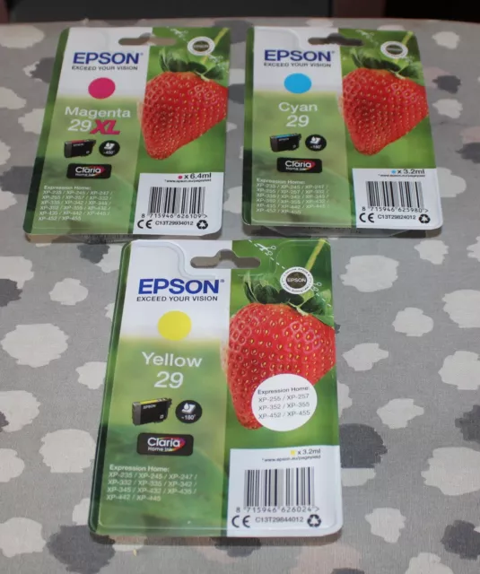 GENUINE EPSON PRINTER INKS x 3 ( 29 CYAN, 29 YELLOW, 29XL MAGENTA ) NEW & SEALED