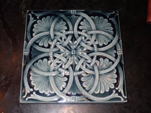 Antique 19thC  Victorian Ceramic Accent Art Tile Ornate Muted Blue Gray 6x6