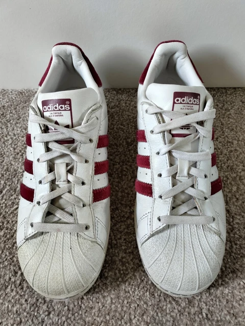 ADIDAS SUPERSTARS SIZE UK 5 White Leather Burgundy Red Suede