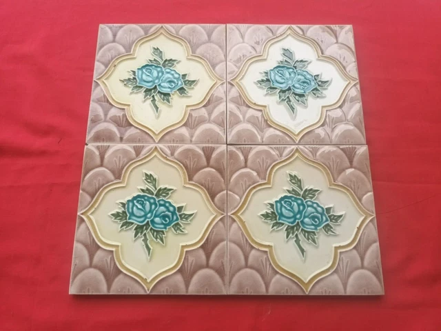 4 Piece Old Art Flower Design Embossed Majolica Ceramic Tiles Japan 0176 2