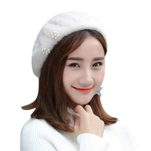 Women Girls Soft Rabbit Fur French Style Beret Pearls Flowers Winter Warm Beanie