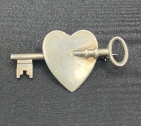 HSB Harry S. Bick Vintage Sterling Silver Heart Key Brooch Pin