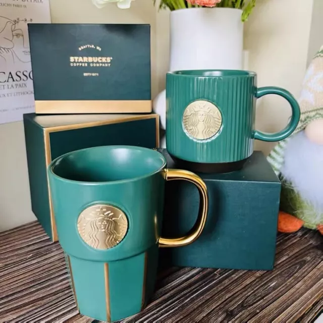 New Starbucks Cups Dark Green Goddess Striped Mug Bronze Ceramic Hot Coffee Mugs