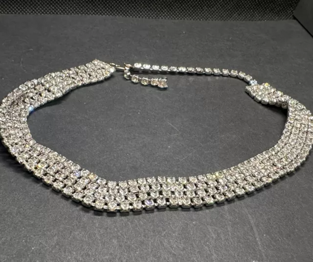 Vintage Four Strand Prong Set Clear Rhinestone Choker Necklace Nice Condition