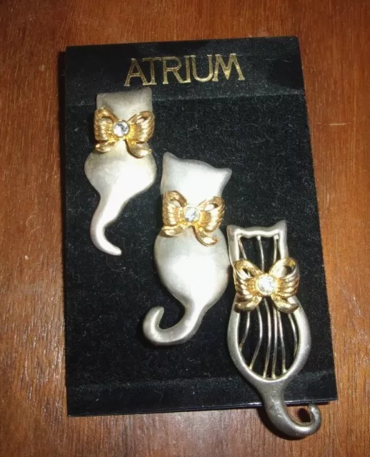 3 Vintage Cat Pins Brooch Unsigned 3 Styles Silver Tone Gold Tone Rhinestones