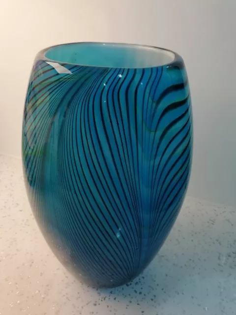 Vintage Murano(Style?)Teal Green/Blue Cased Pulled Feather Design 9"Tall Vase
