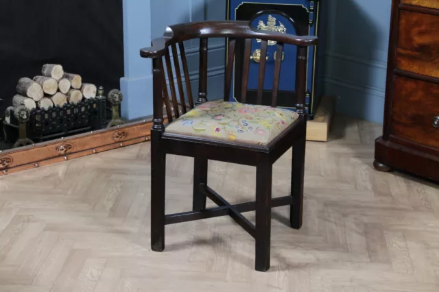 Antique Georgian Country Made Dark Elm Tapestry Seated Slat back Corner Chair