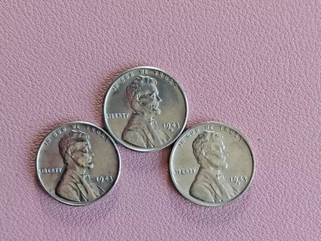 1943 P D S Lincoln Steel Wheat Cent Penny Set of 3 Coins Lot 1