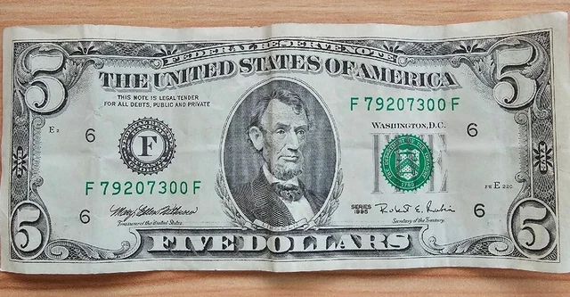 Us $5.00 Dollar Series 1995 Note F79207300F