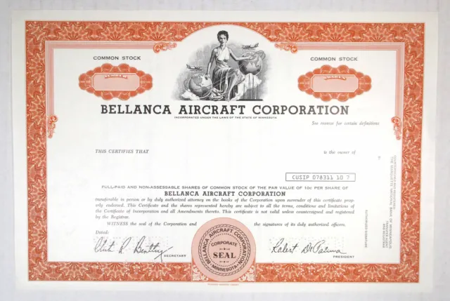 MT. Bellance AirCraft Corp., 1972. Specimen Stock Cert. XF-AU. FBNC