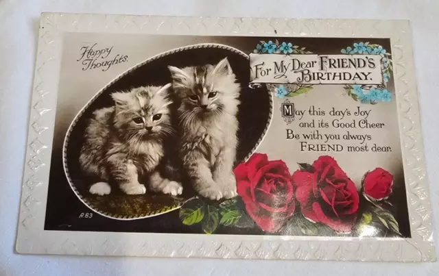 Vintage Birthday Wishes Happy Thoughts Kittens Photo Postcard
