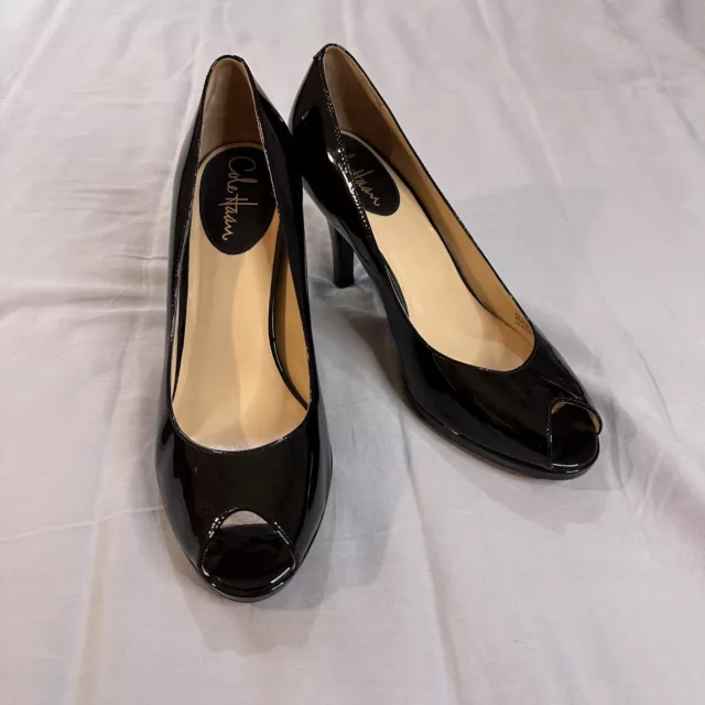 COLE HAAN Pumps Size 8.5B Air Black Patent Leather Peep Toe High Heel Shoe