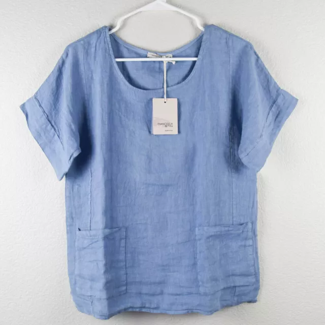 Francesca Bettini Womens M Blue Boxy Linen Top Shirt Blouse Short Sleeve Pockets