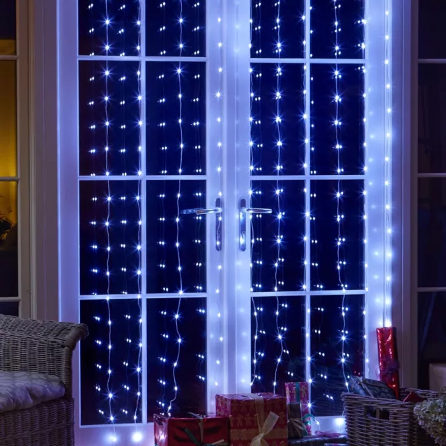 2m X 1.6m Noël Transparent Blanc LED Multi Fonction Prise En Fenêtre Rideau Feux