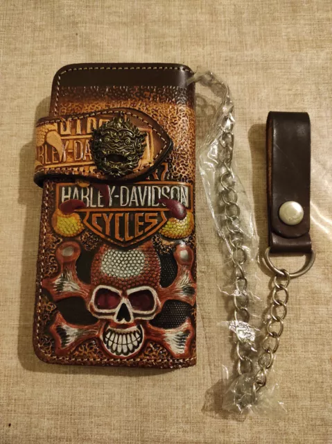 Harley Davidson Geldbörse, Geldbeutel, Biker, Skull, Leder, mit Kette, neu